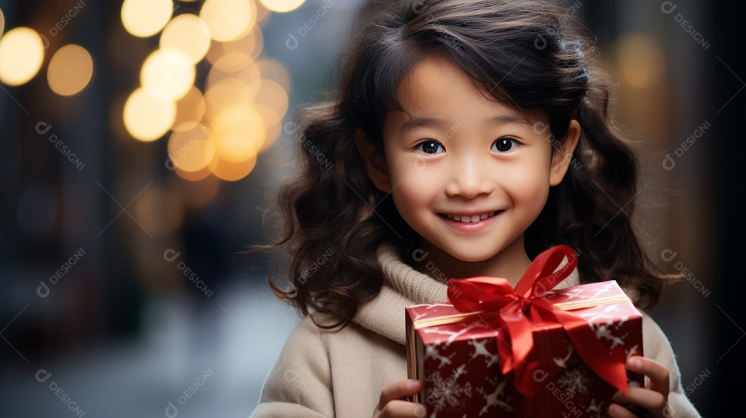 Retrato de uma linda garotinha asiática com uma caixa de presente