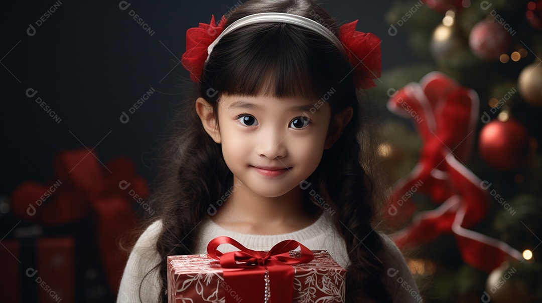 Retrato de uma linda garotinha asiática com uma caixa de presente