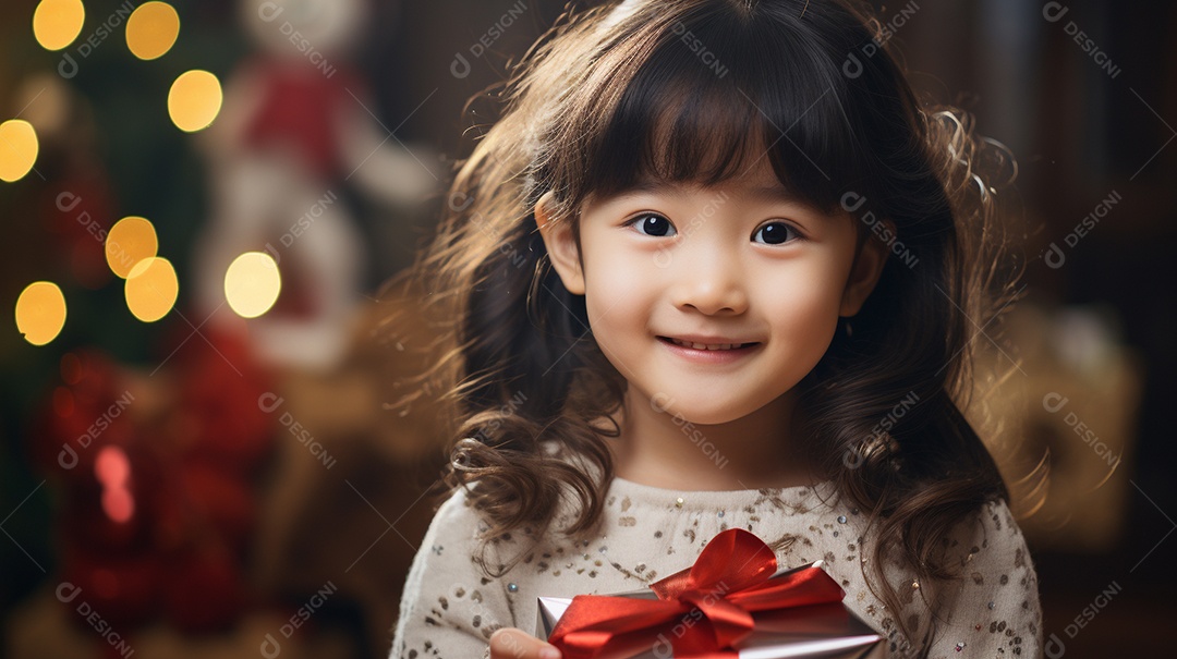 Retrato de uma linda garotinha asiática com uma caixa de presente