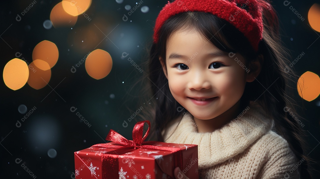 Retrato de uma linda garotinha asiática com uma caixa de presente
