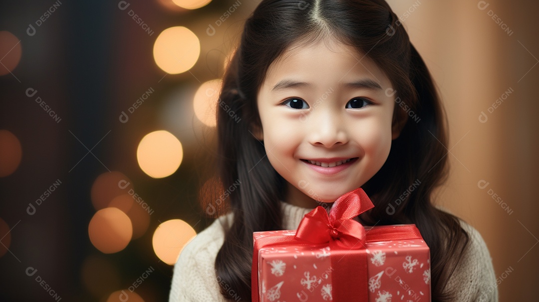 Retrato de uma linda garotinha asiática com uma caixa de presente