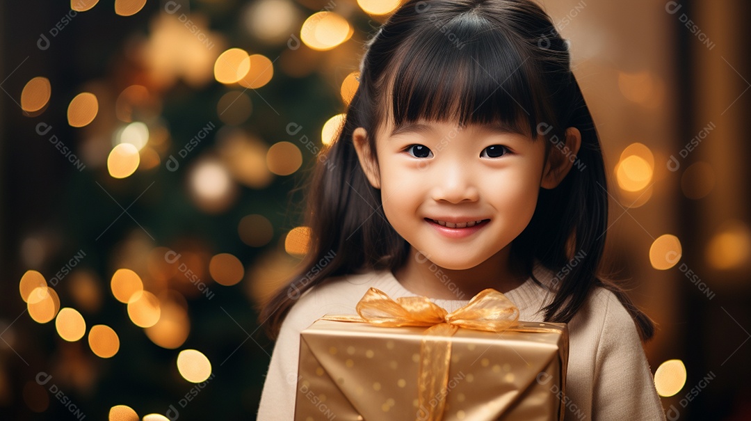 Retrato de uma linda garotinha asiática com uma caixa de presente