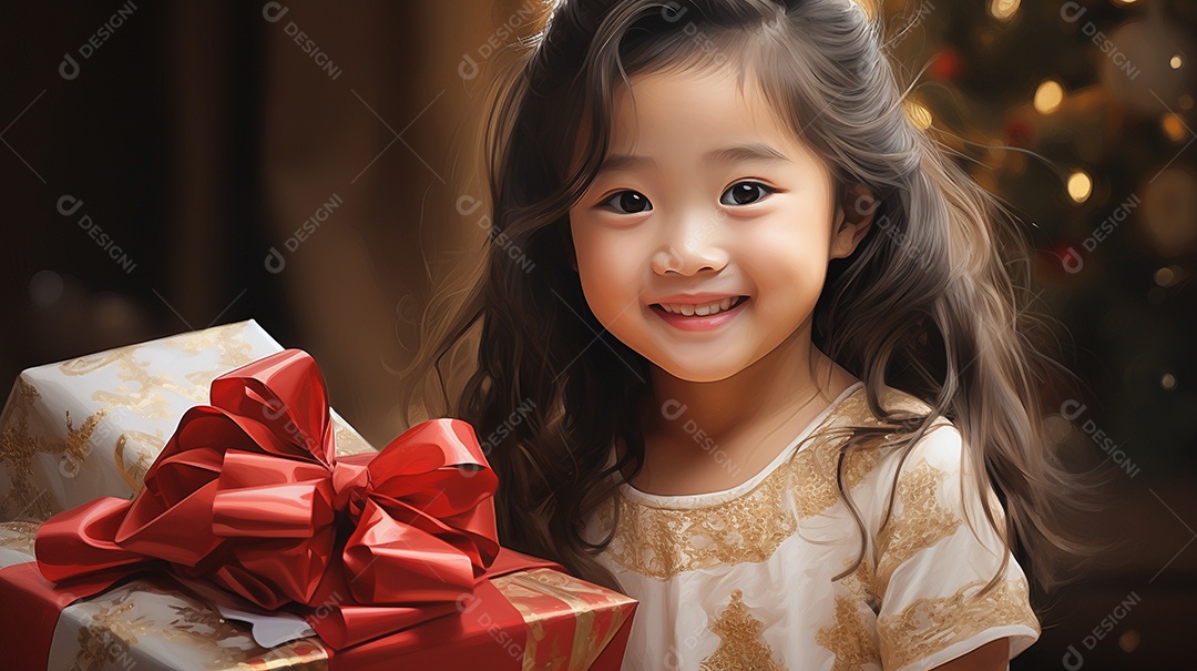 Retrato de uma linda garotinha asiática com uma caixa de presente