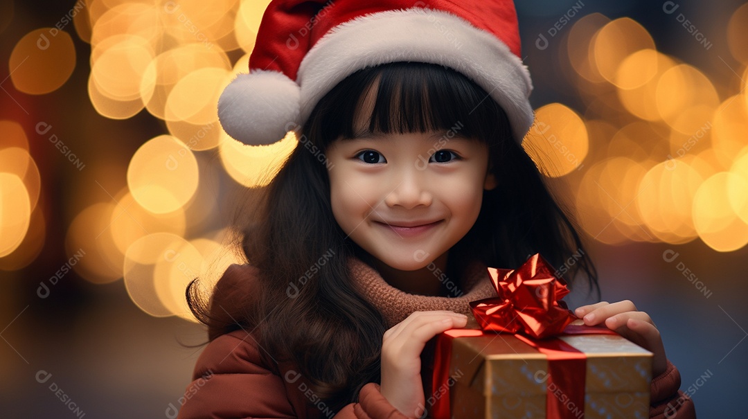 Retrato de uma linda garotinha asiática com uma caixa de presente