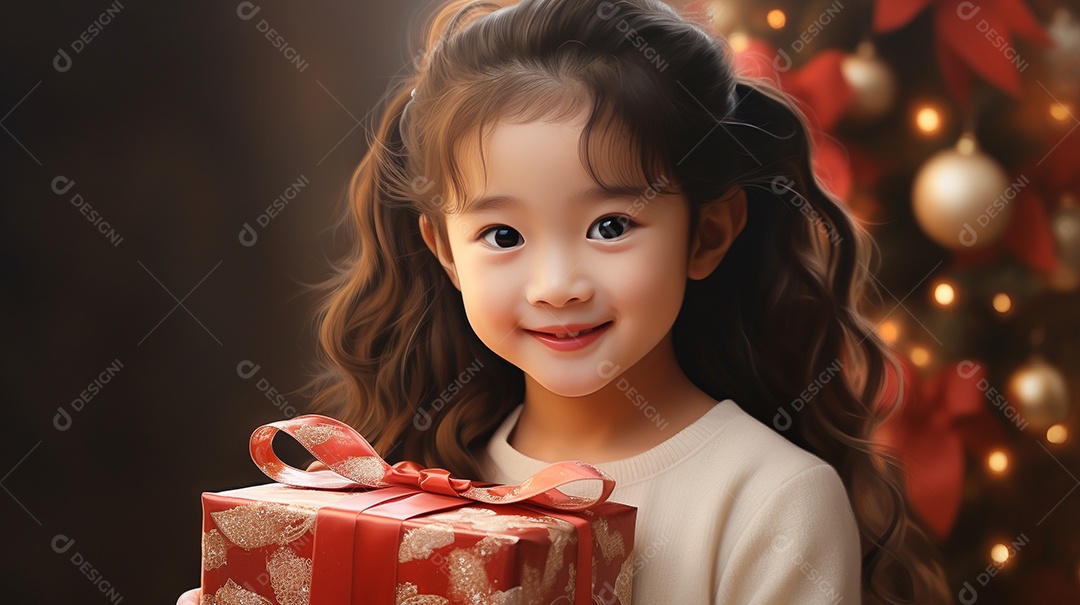 Retrato de uma linda garotinha asiática com uma caixa de presente