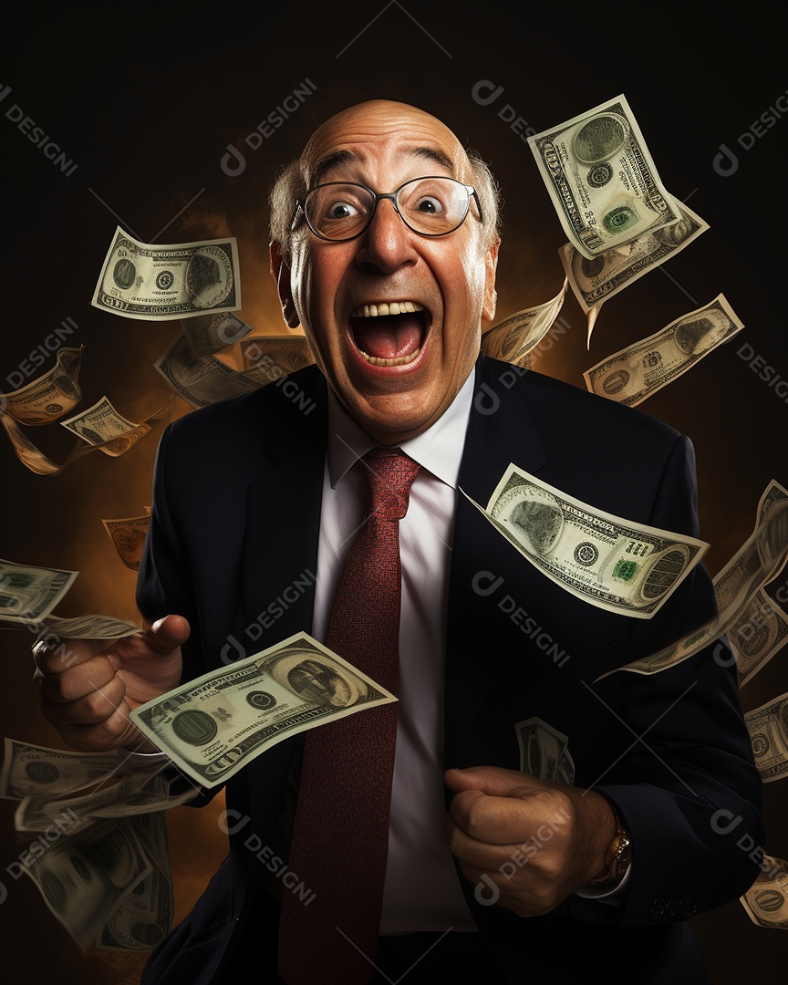 Engraçado empresário asiático gritando com dinheiro