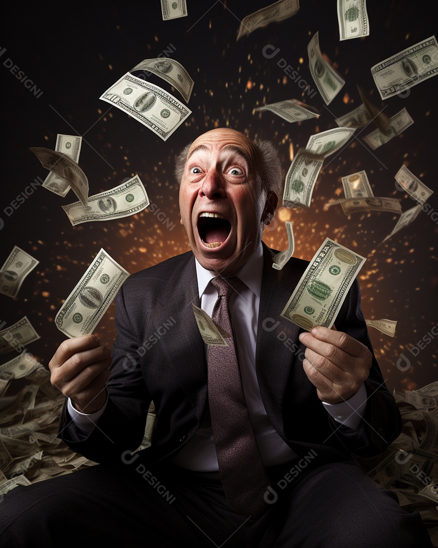 Engraçado empresário asiático gritando com dinheiro
