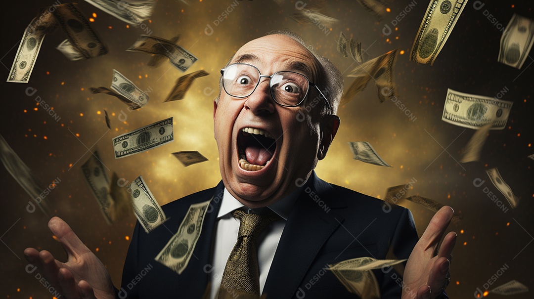 Engraçado empresário asiático gritando com dinheiro