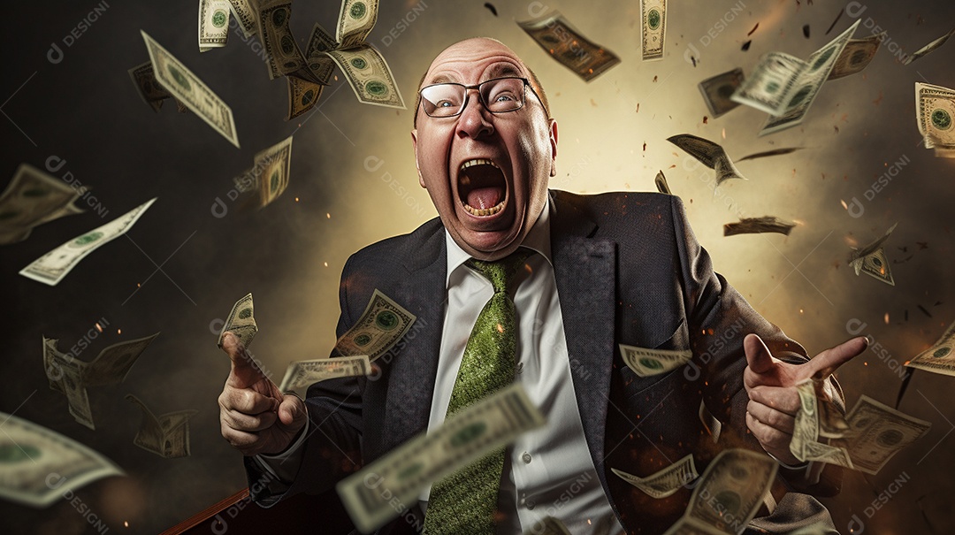 Engraçado empresário asiático gritando com dinheiro