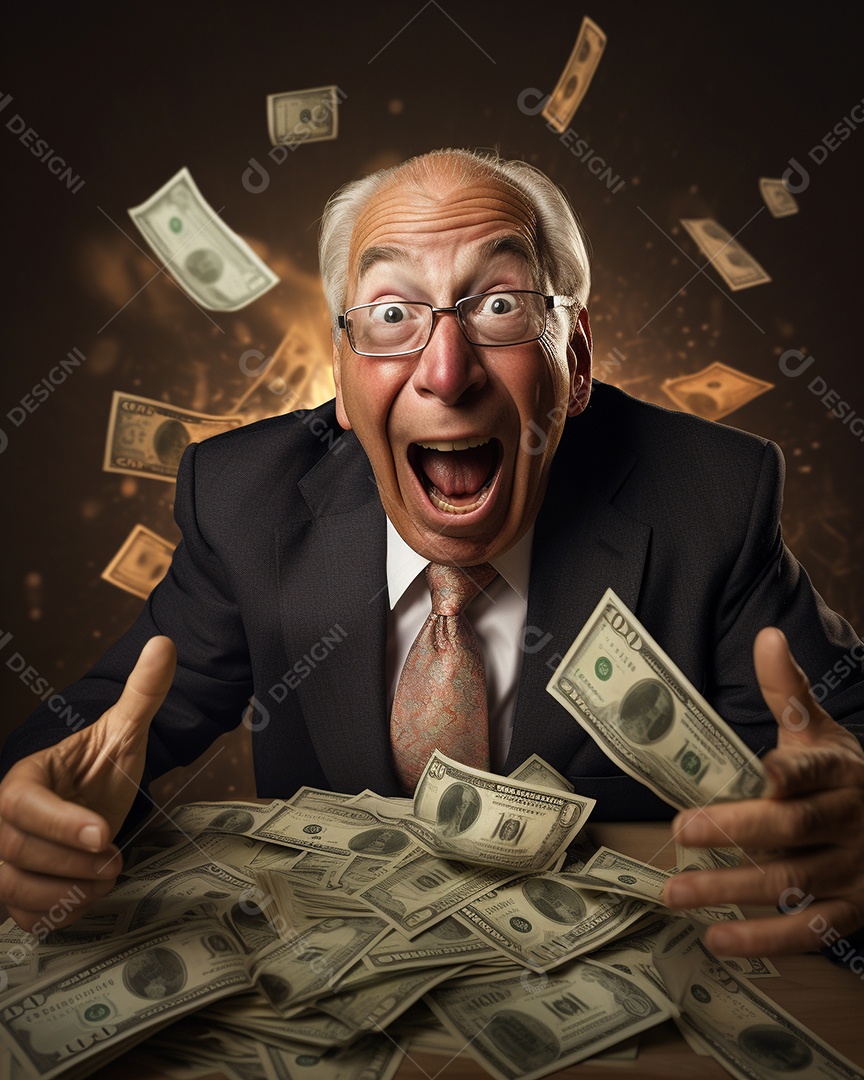 Engraçado empresário asiático gritando com dinheiro
