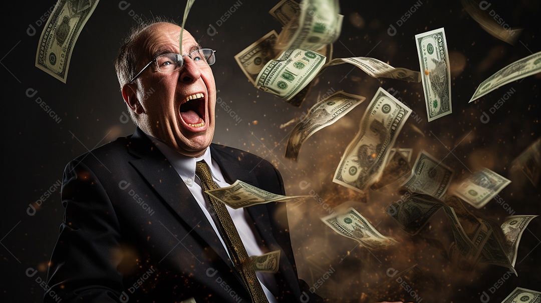 Engraçado empresário asiático gritando com dinheiro