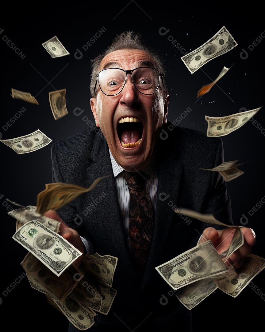 Engraçado empresário asiático gritando com dinheiro