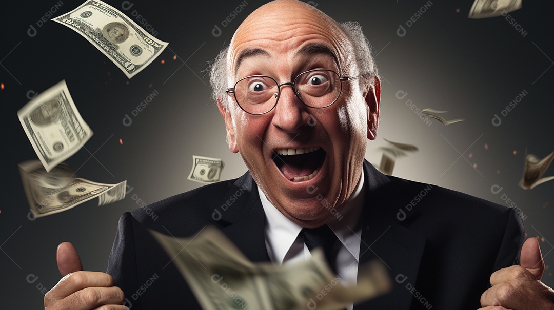 Engraçado empresário asiático gritando com dinheiro