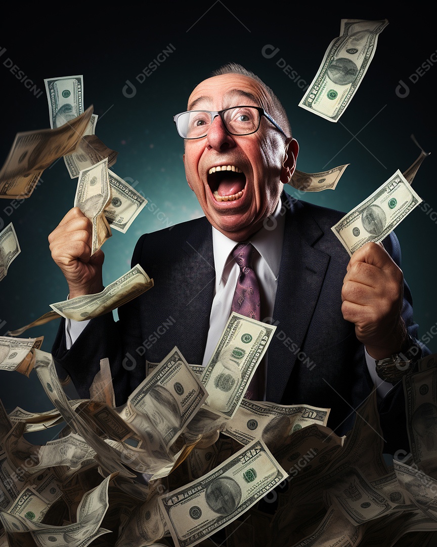Engraçado empresário asiático gritando com dinheiro