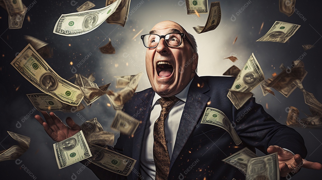Engraçado empresário asiático gritando com dinheiro