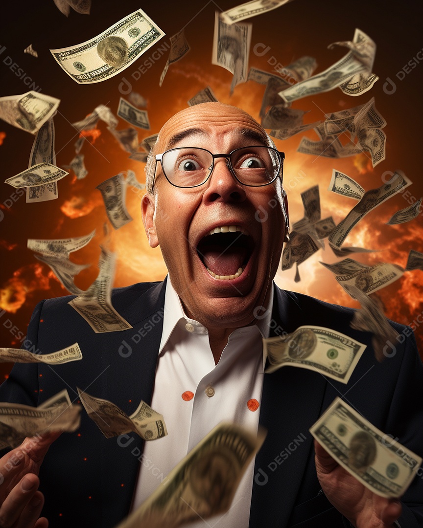 Engraçado empresário asiático gritando com dinheiro