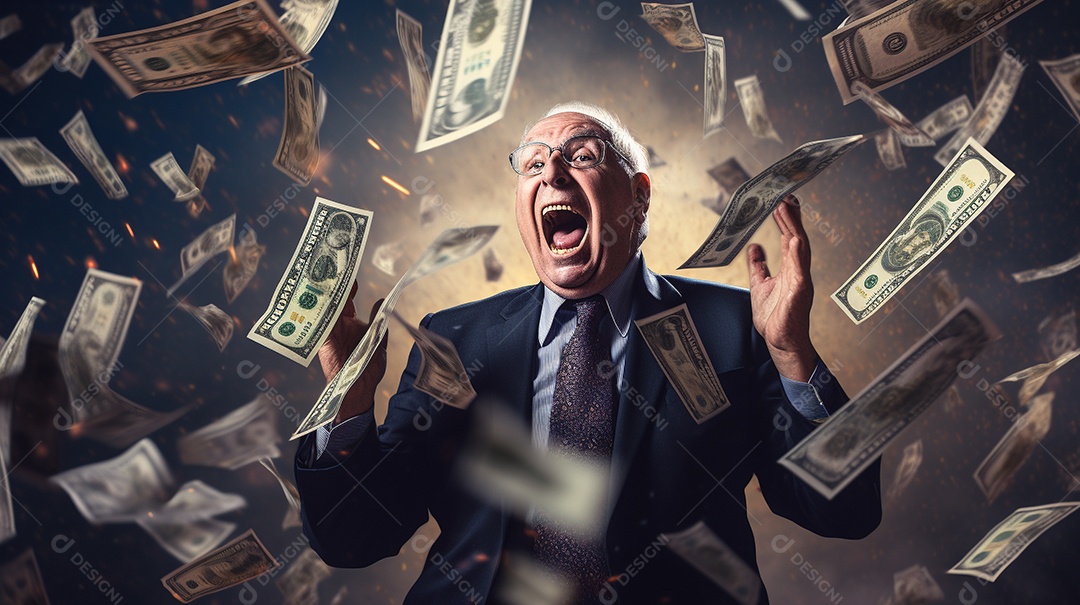 Engraçado empresário asiático gritando com dinheiro