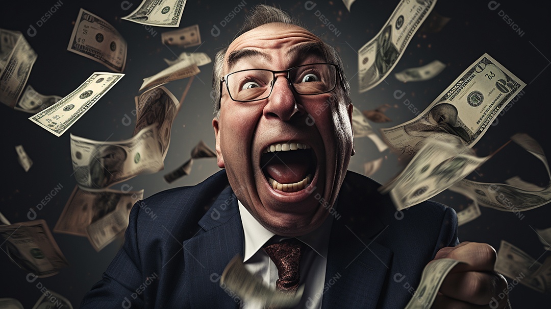 Engraçado empresário asiático gritando com dinheiro