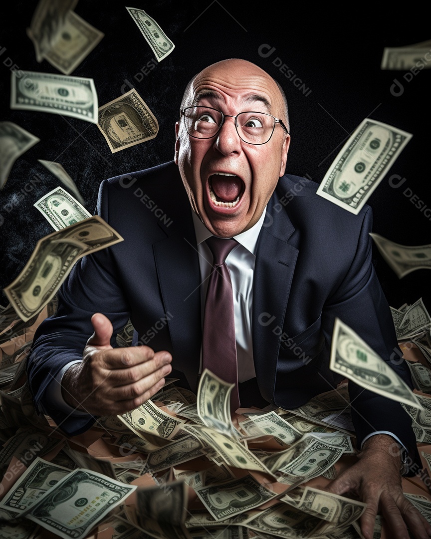 Engraçado empresário asiático gritando com dinheiro