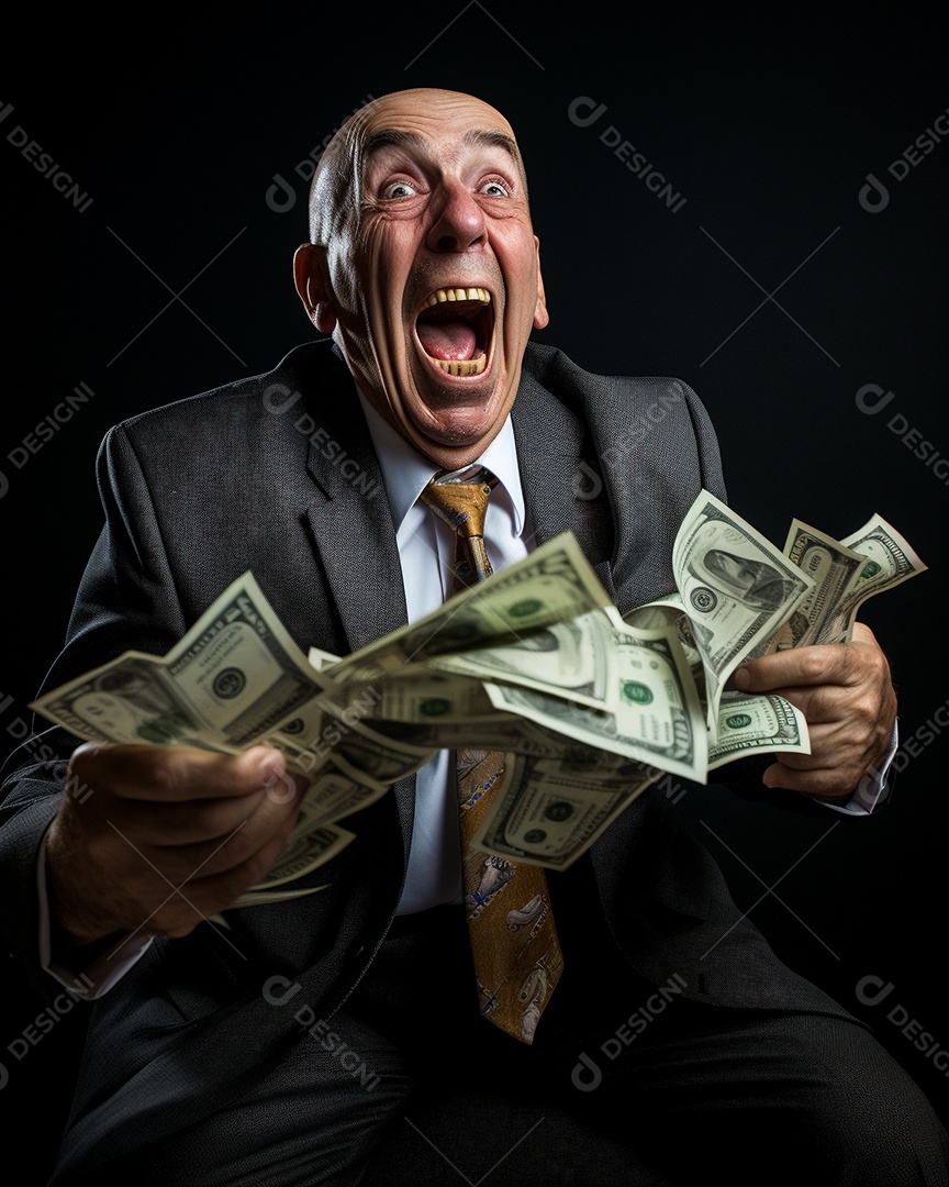Engraçado empresário asiático gritando com dinheiro