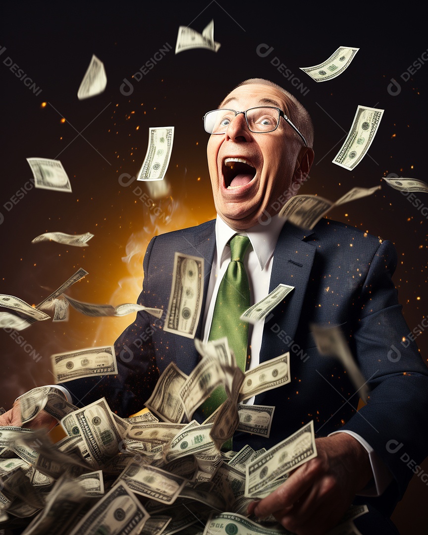 Engraçado empresário asiático gritando com dinheiro