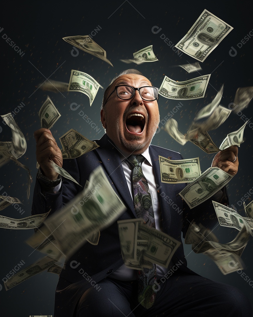 Engraçado empresário asiático gritando com dinheiro