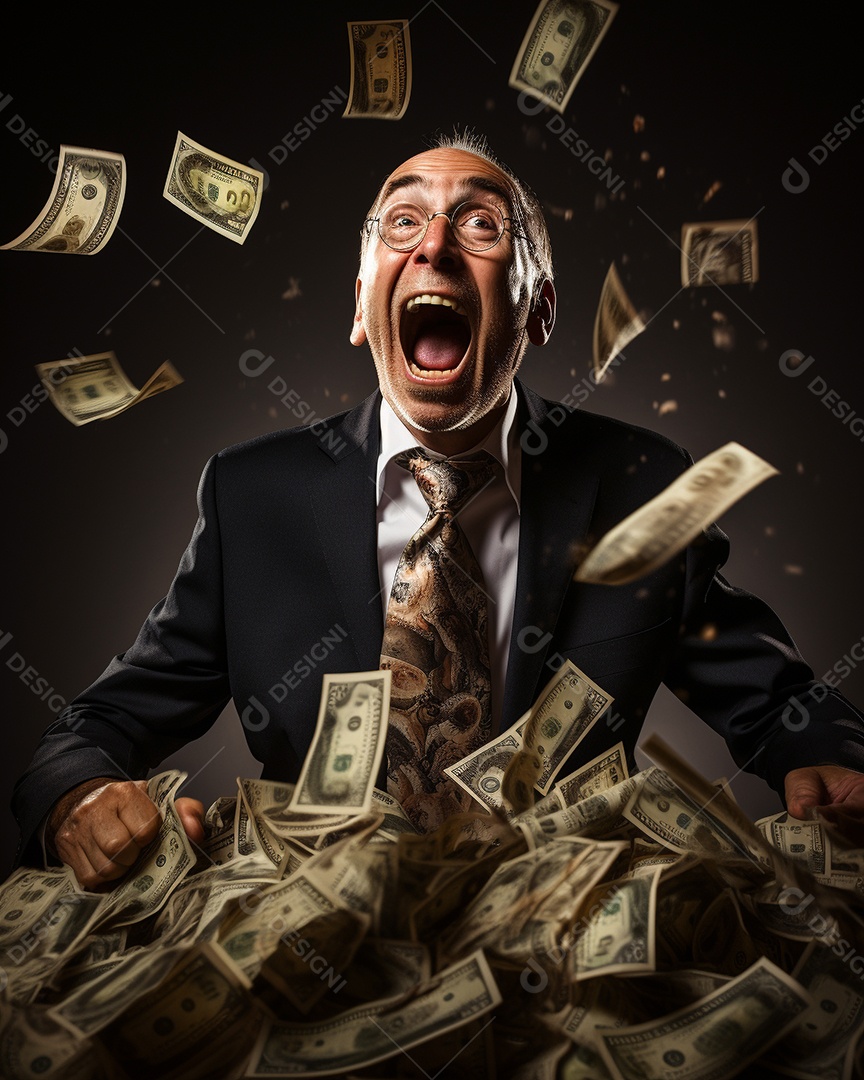 Engraçado empresário asiático gritando com dinheiro