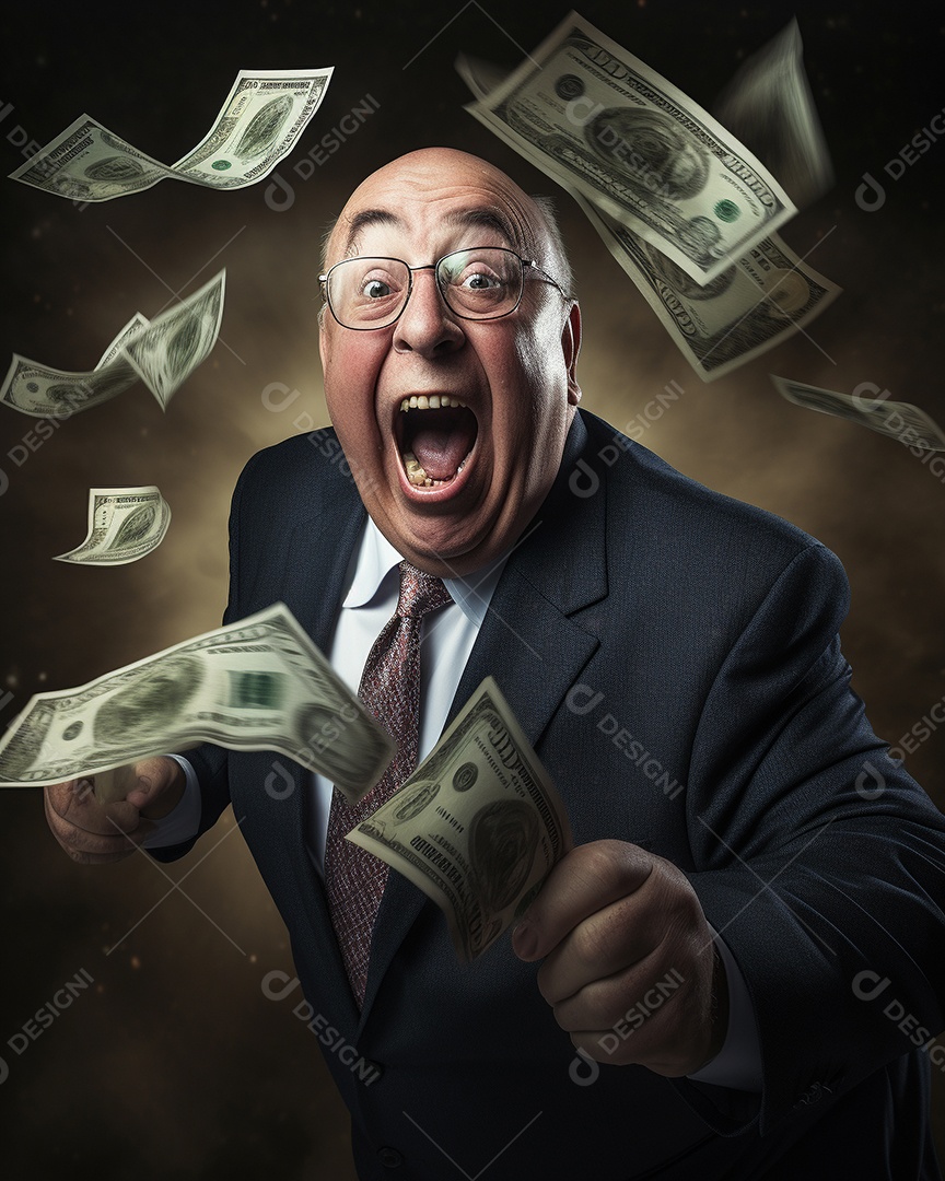 Engraçado empresário asiático gritando com dinheiro