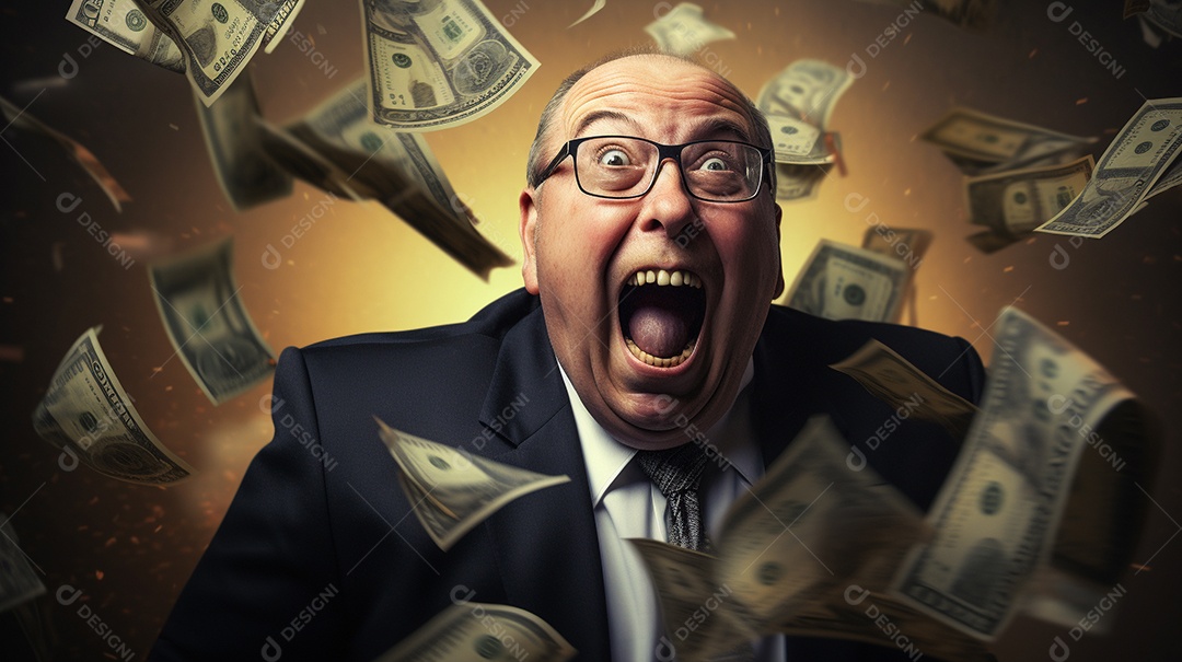 Engraçado empresário asiático gritando com dinheiro