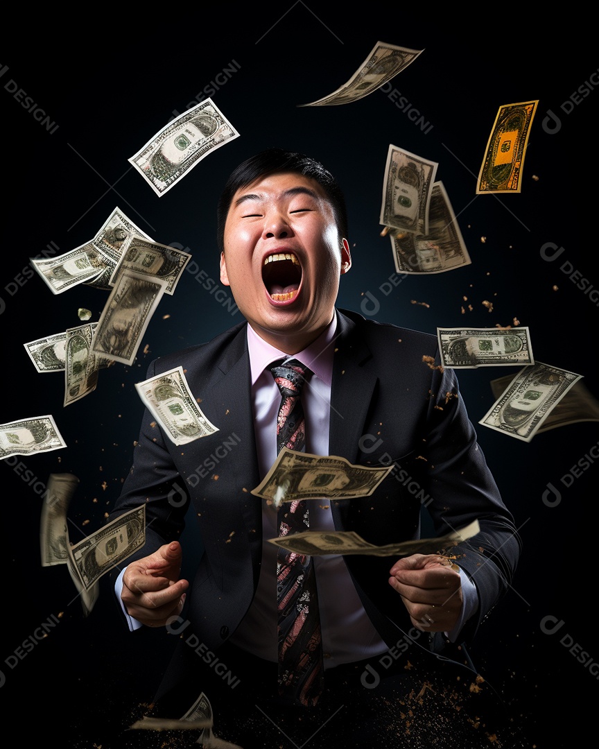 Engraçado empresário asiático gritando com dinheiro