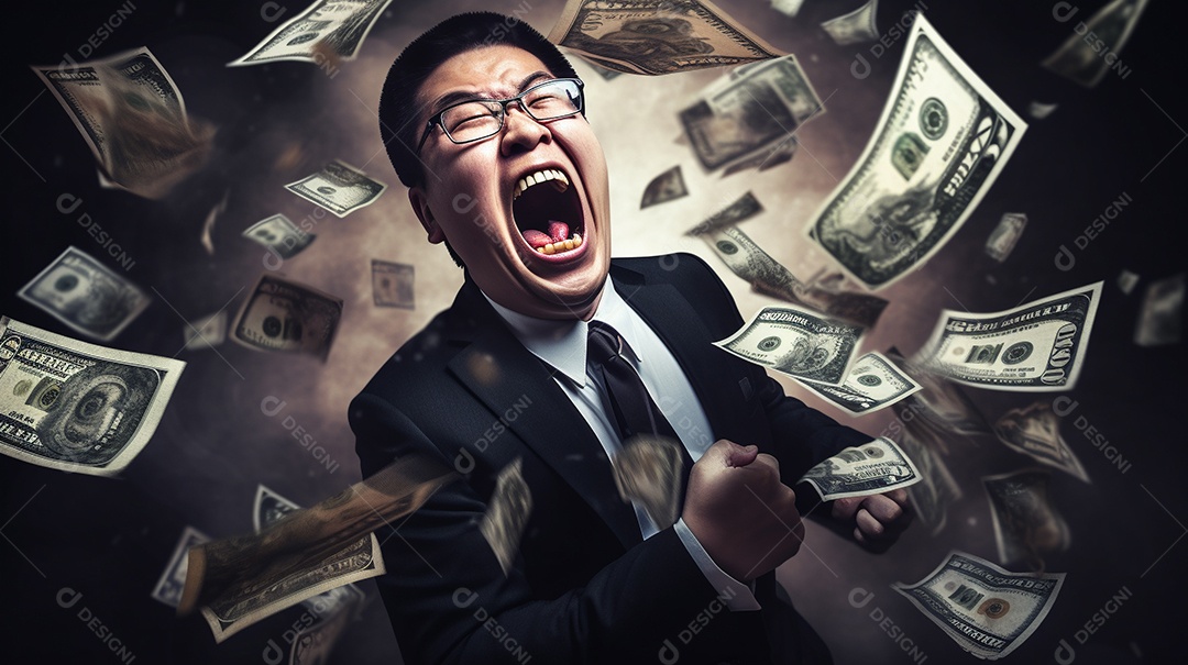 Engraçado empresário asiático gritando com dinheiro