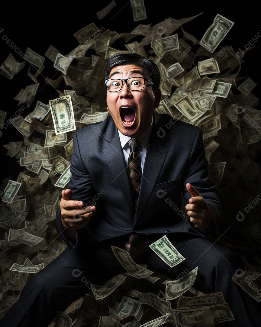 Engraçado empresário asiático gritando com dinheiro
