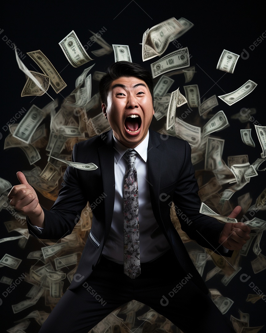 Engraçado empresário asiático gritando com dinheiro