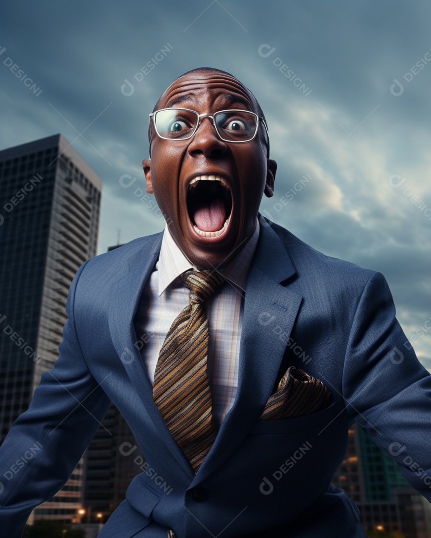 Engraçado empresário negro gritando com dinheiro