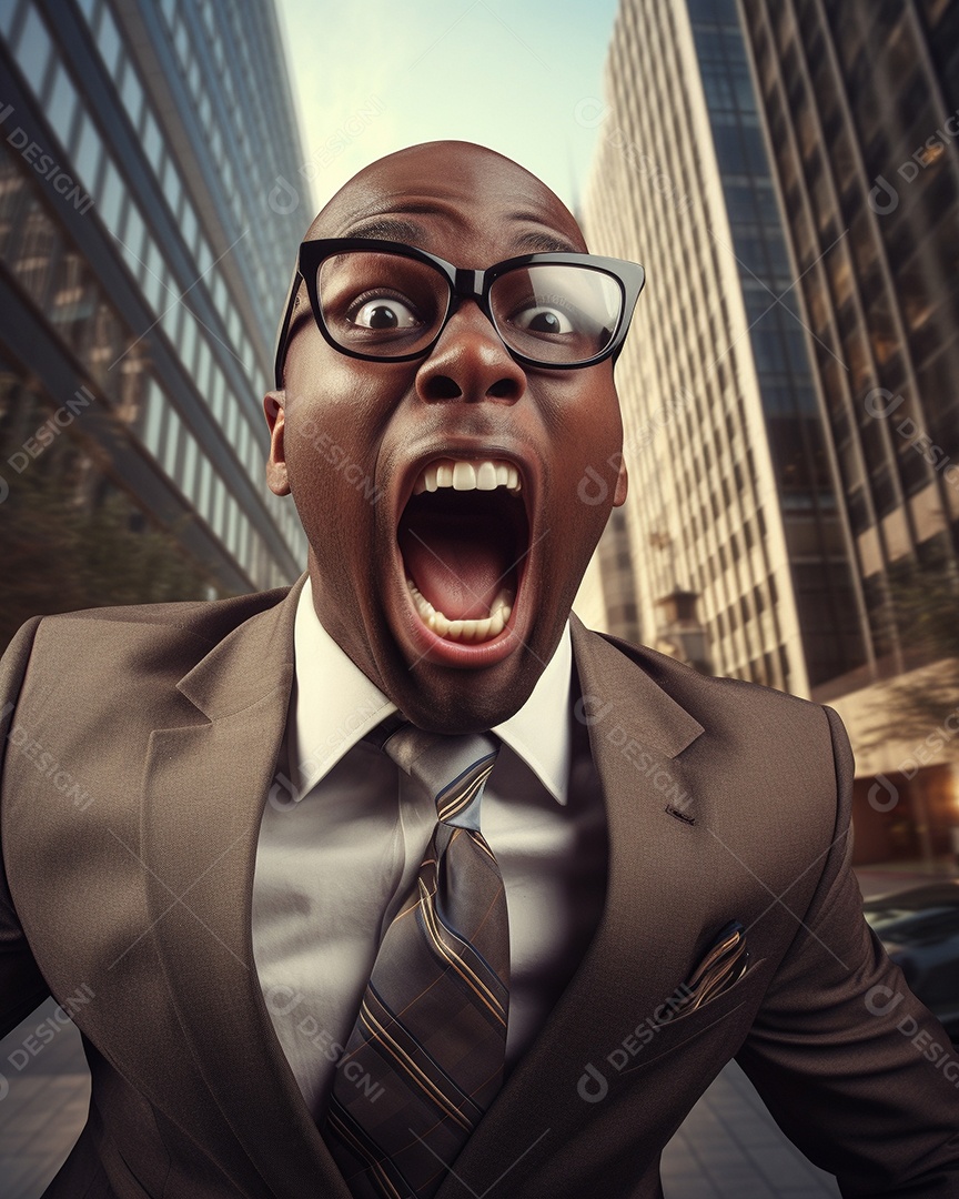 Engraçado empresário negro gritando com dinheiro