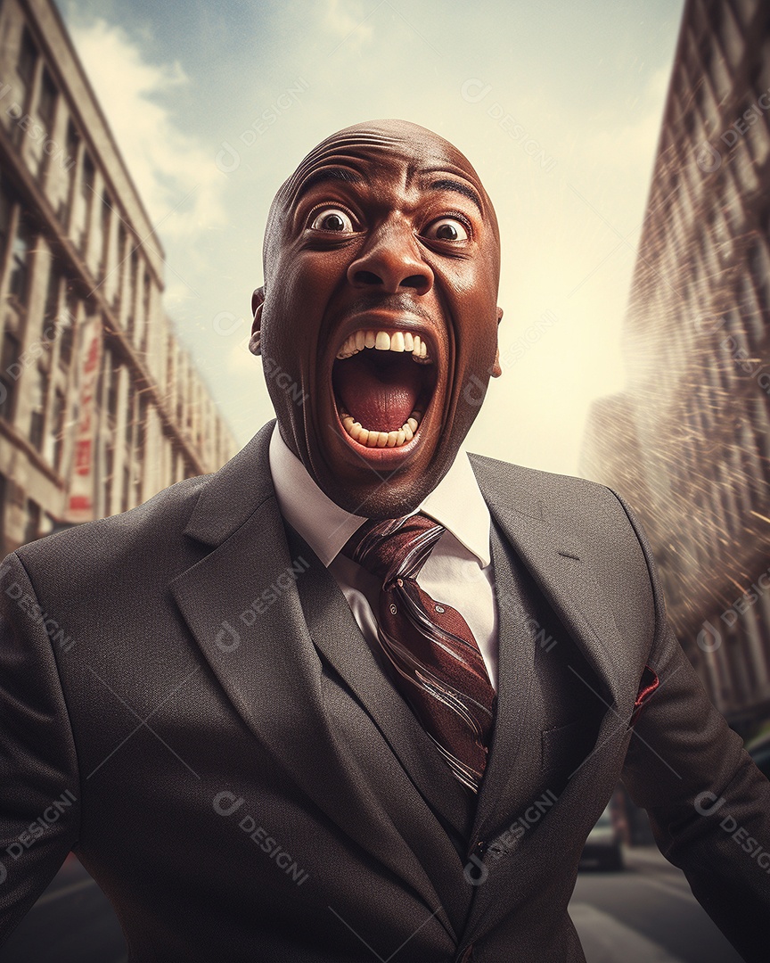 Engraçado empresário negro gritando com dinheiro