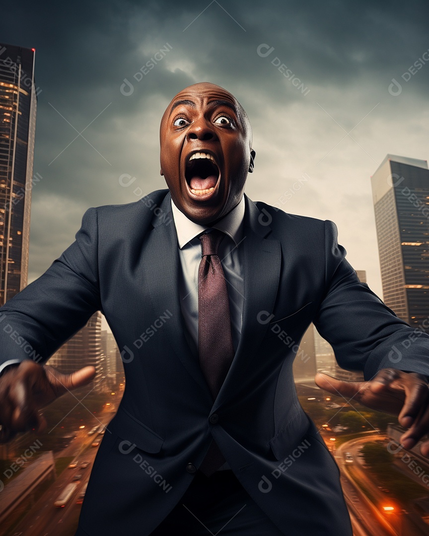 Engraçado empresário negro gritando com dinheiro