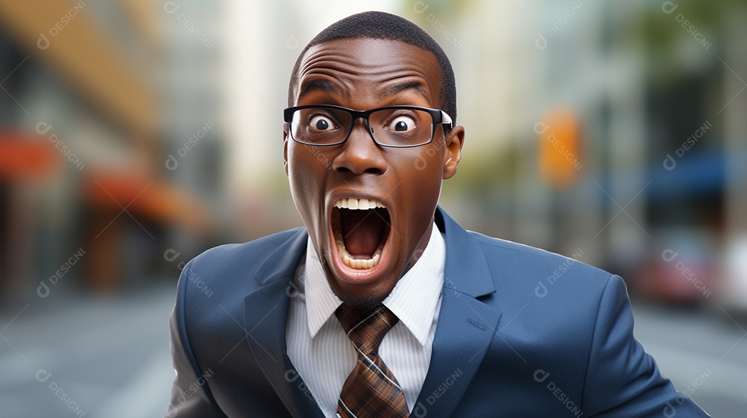 Engraçado empresário negro gritando com dinheiro
