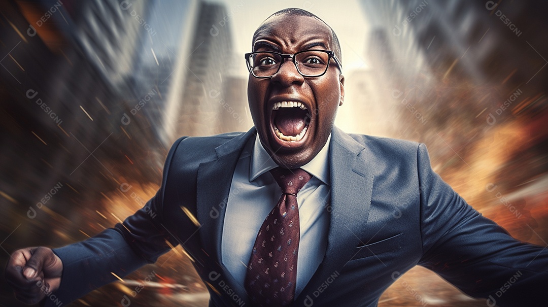 Engraçado empresário negro gritando com dinheiro