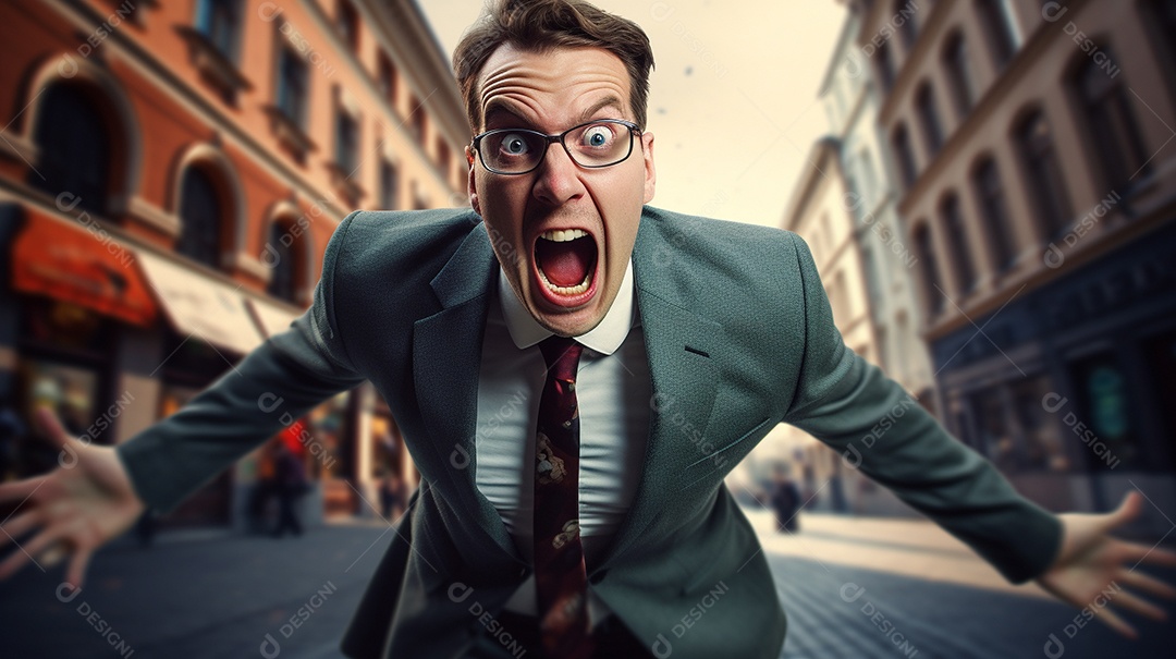 Engraçado empresário gritando com dinheiro