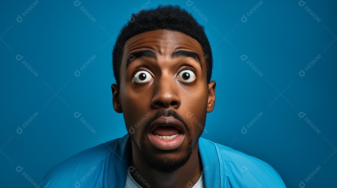 Homem negro fazendo uma expressão chocada em um fundo bronzeado