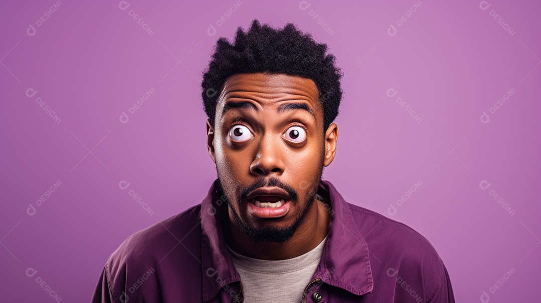 Homem negro fazendo uma expressão chocada em um fundo bronzeado