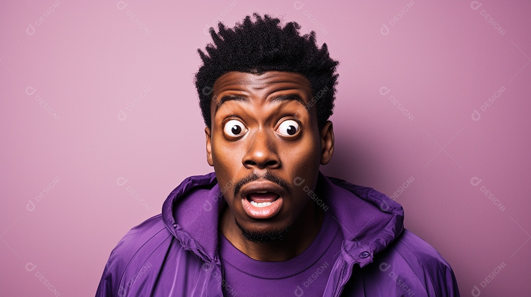 Homem negro fazendo uma expressão chocada em um fundo bronzeado