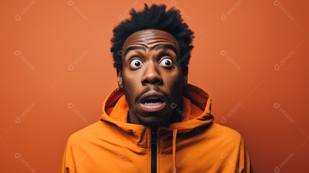 Homem negro fazendo uma expressão chocada em um fundo bronzeado