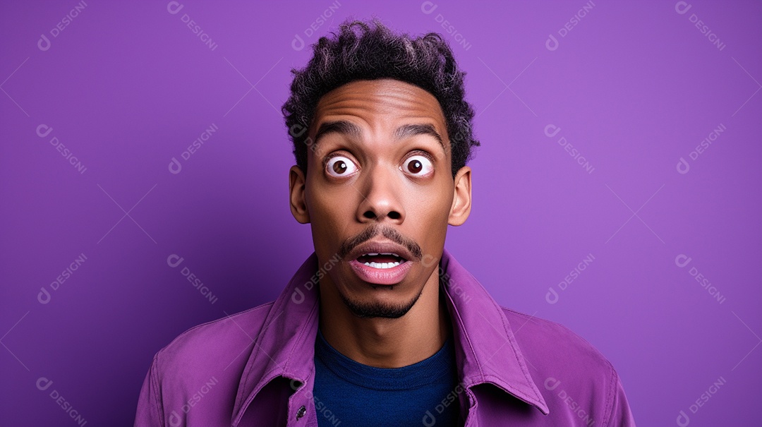 Homem negro fazendo uma expressão chocada em um fundo bronzeado