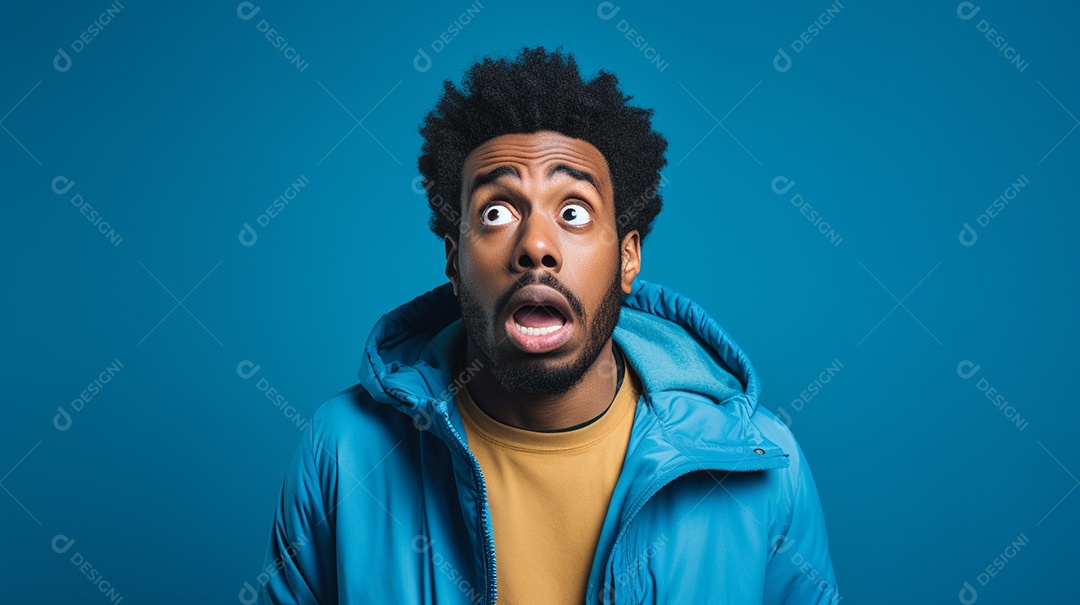 Homem negro fazendo uma expressão chocada em um fundo bronzeado