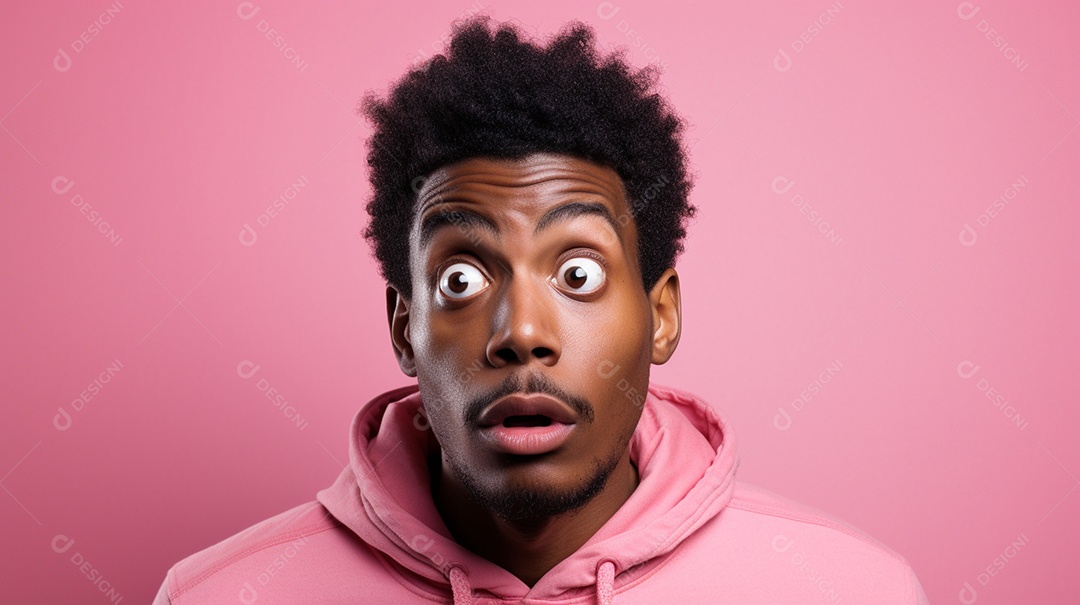 Homem negro fazendo uma expressão chocada em um fundo bronzeado