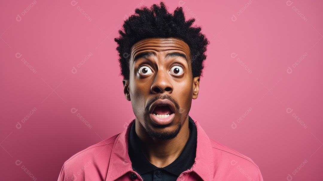Homem negro fazendo uma expressão chocada em um fundo bronzeado