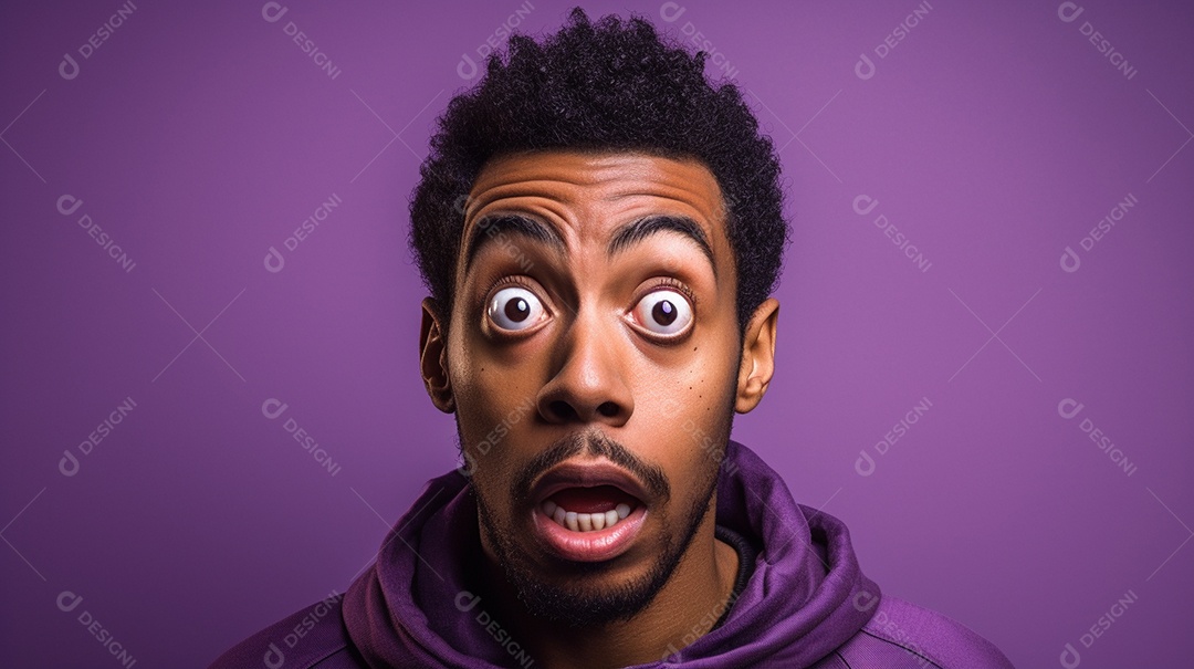 Homem negro fazendo uma expressão chocada em um fundo bronzeado