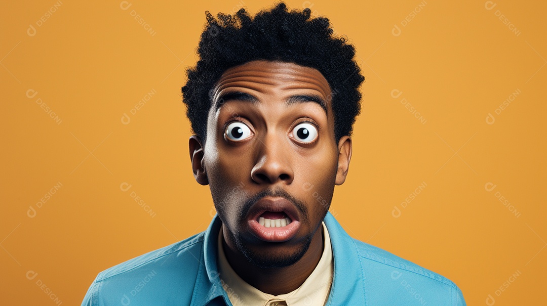 Homem negro fazendo uma expressão chocada em um fundo bronzeado
